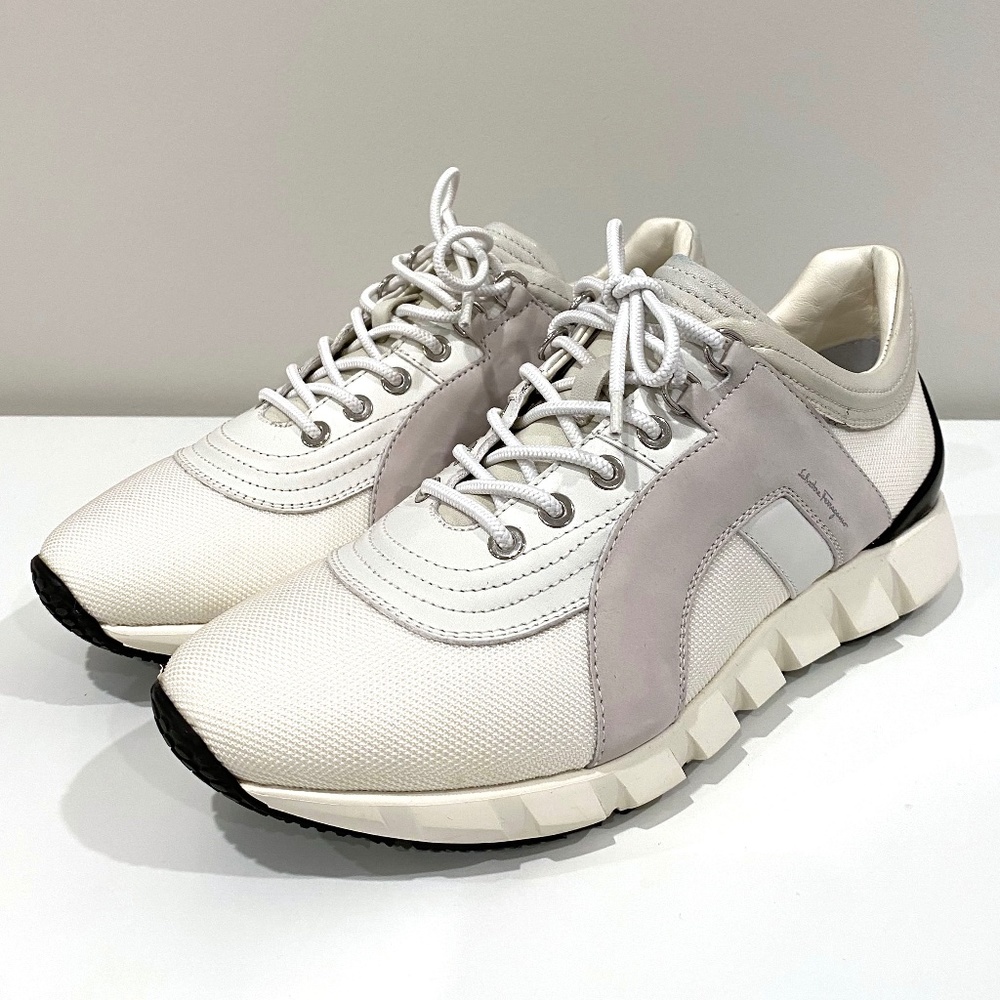 SALVATORE FERRAGAMO OFF WHITE SUEDE & MESH CITY SNEAKERS